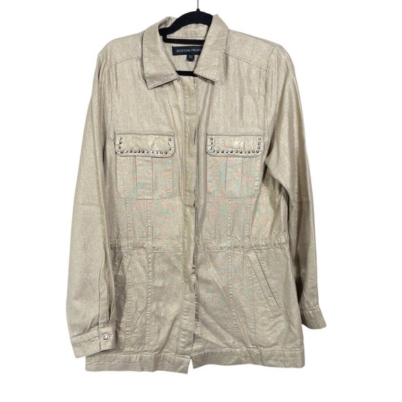 Boston Proper Gold Glitter Metallic Zip Jacket Studded Cargo Long Jacket  SZ L - Picture 1 of 8